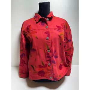 Chico’s Design Women’s Denim Blazer Jacket Sz 2 (8-10) Medium Red Spring Button